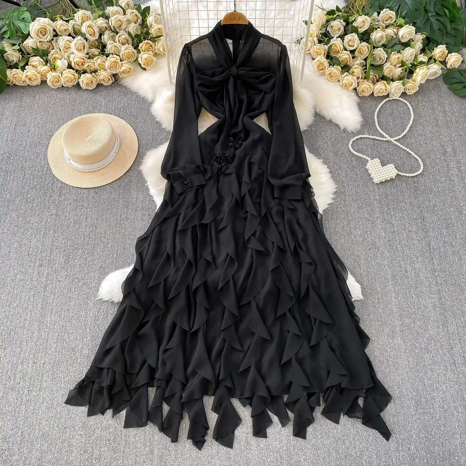 الرجعية أنيقة الخامس الرقبة كشكش الدانتيل متابعة مطوي كم طويل ألف خط عادية عالية الخصر فستان المرأة الخريف #4