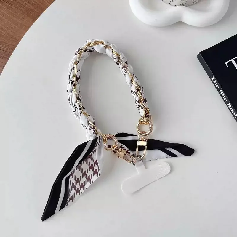 Silk Scarf Mobile Phone Hanging Chain Pendant Metal Braided Strong Anti-fall Chain High-end Wrist Strap Short Hand Rope Bracelet