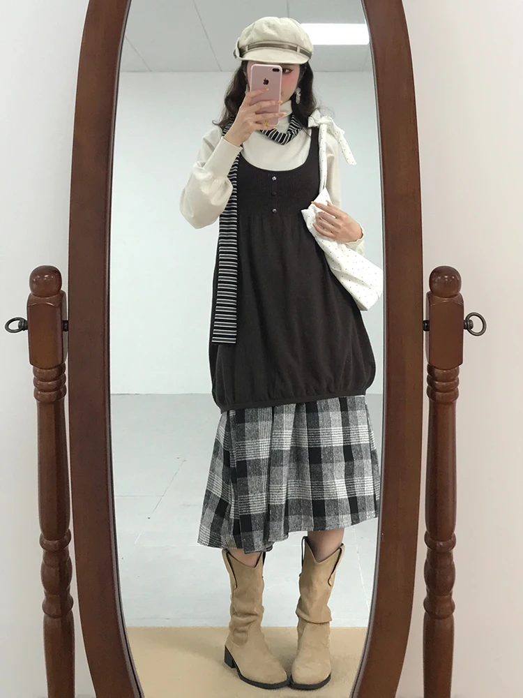 Laidba Holiday Vintage Set Top Ruffle Vest Long Plaid  Skirt Tee Piece Set Autumn Faion Women's Long Sve Outfit