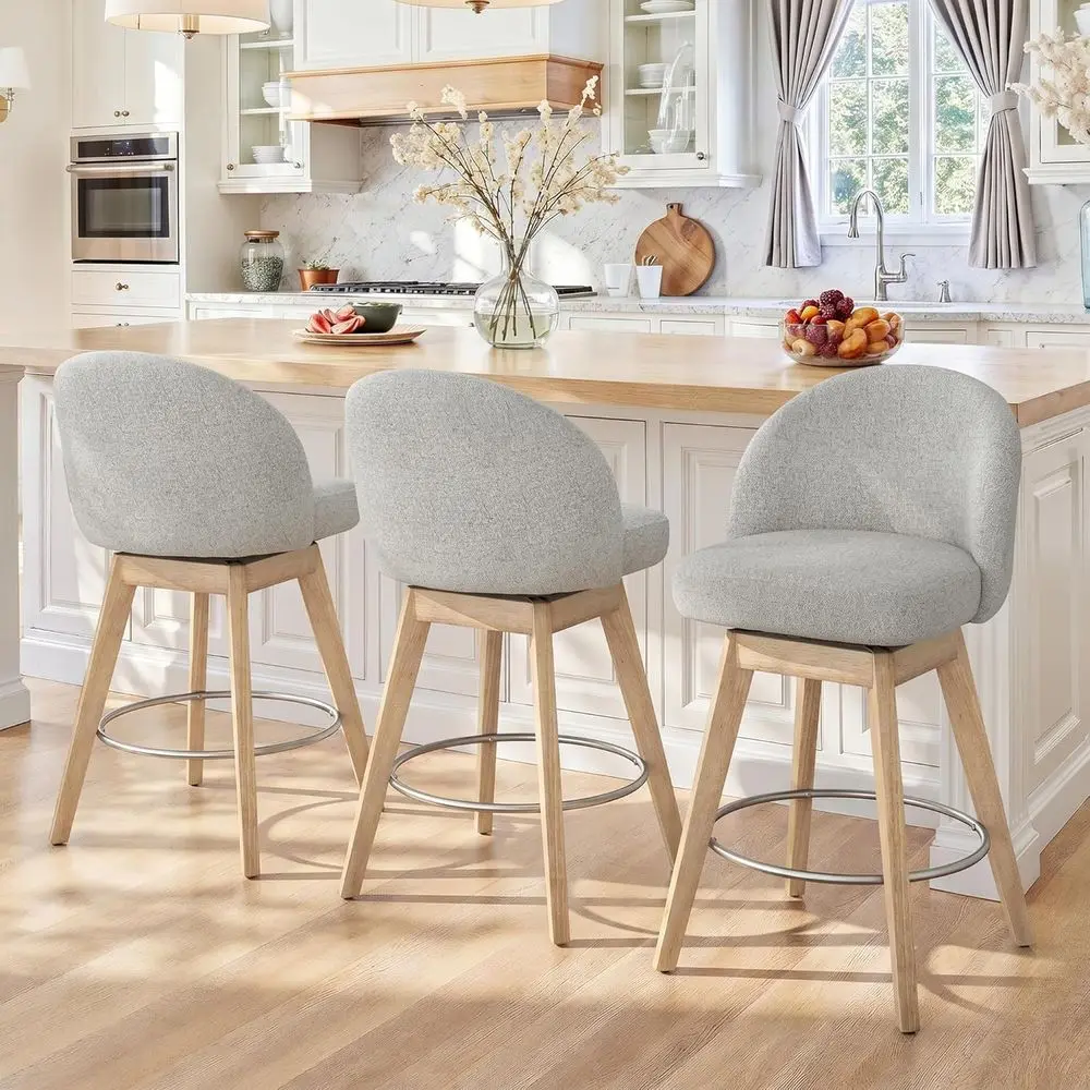 

Set of 3 26 Counter Height Swivel Bar Stools with Upholstered Backs and Solid Wood Legs, Light Gray