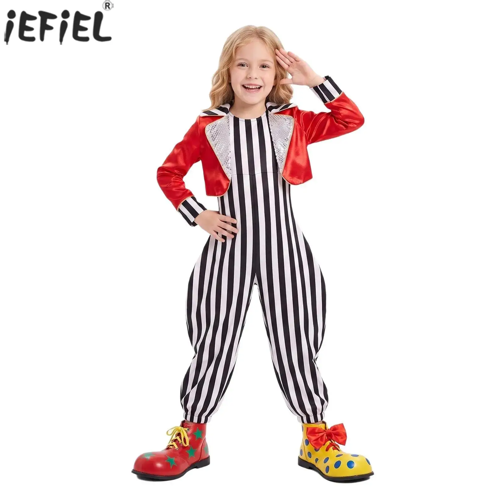 Kids Girls Boys Circus Ringmaster Costume Sequin Dots Long Sleeve Satin Jacket with Striped Jumpsuit for Halloween Cosplay Party