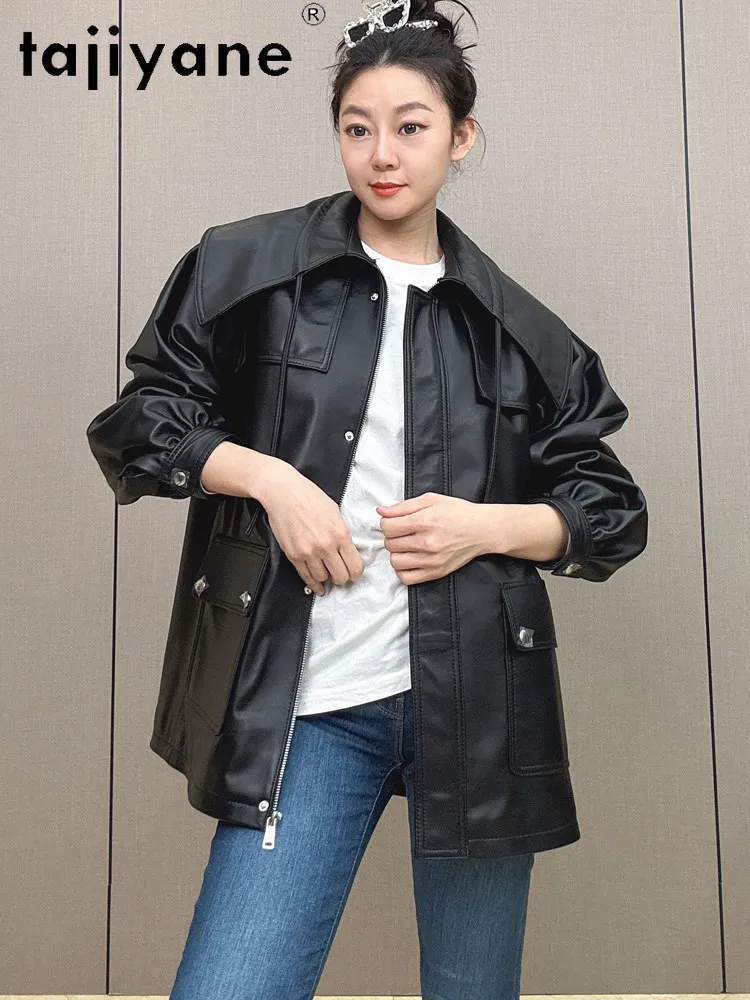 TAJIYANE Genuine Sheepskin Leather Jacket Woman Doll Collar Mid-Length Trench Coat Drawstring Waist Jacket Women Clothes 2026 자켓