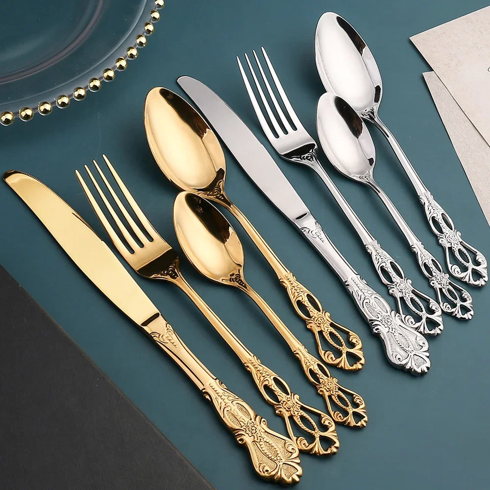 Nordic Complete Tableware of Dishes 24 Pieces Embossed Metal Gold  Cutlery Set Steak Knife Fork Spoon Luxury Carved Western Food