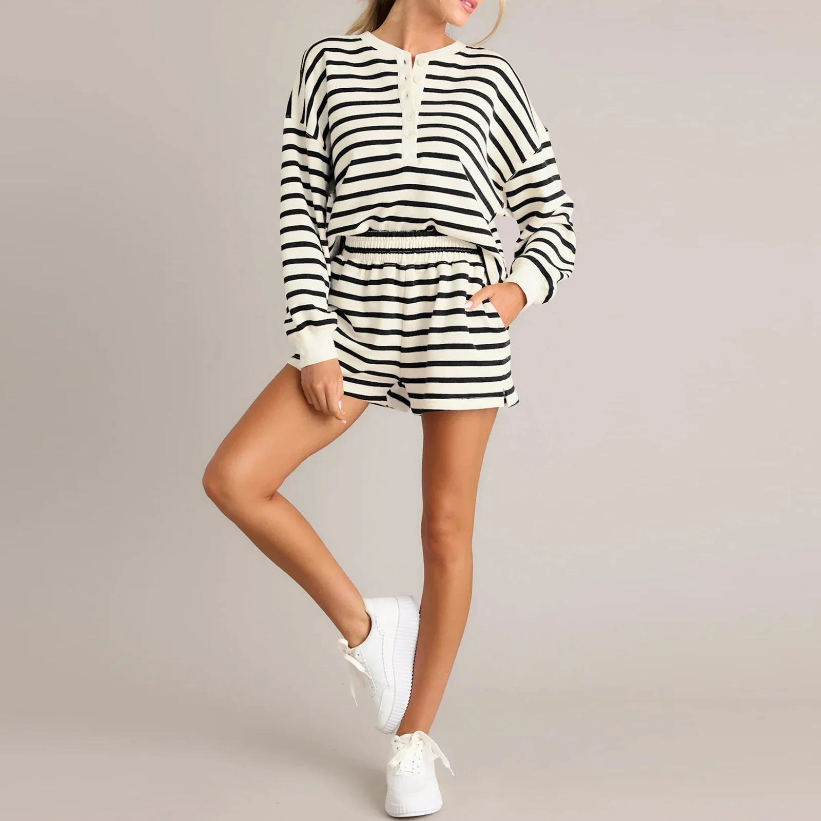 Women Fashion Striped Shorts Set Fall Long Sleeve T-shirt with Elastic Waist Shorts Summer Outfit Clothes Set image 4