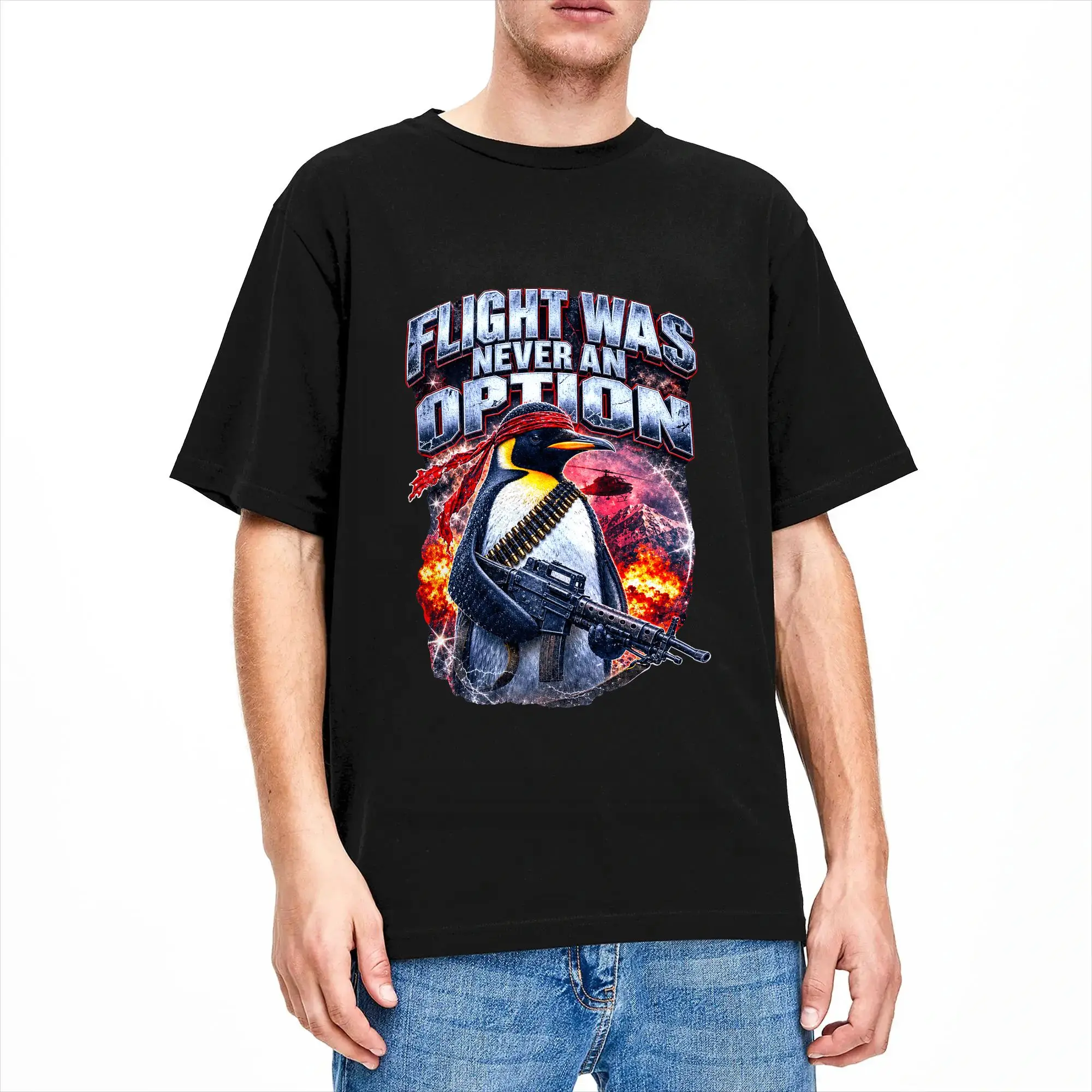 Oversized T Shirt Summer Flight was Never an Option Commando Penguin Soldier Fashion T-Shirts  Cotton Tee Shirt  Short Sleeve