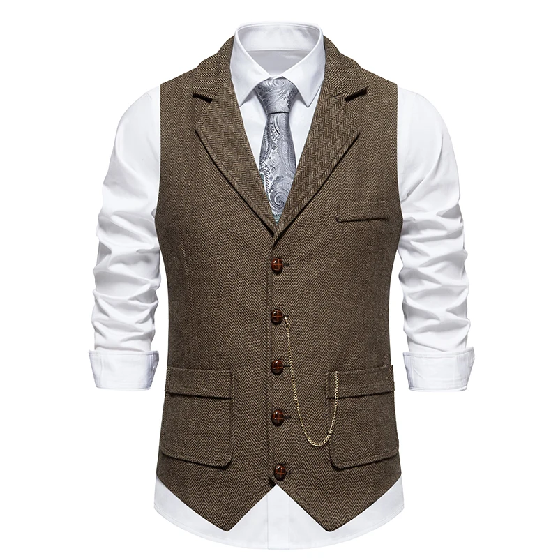 Vintage Herringbone Mens Dress Waistcoat - Fashionable One-Button Closure, Sophisticated Notch Lapel - Perfect for Professional