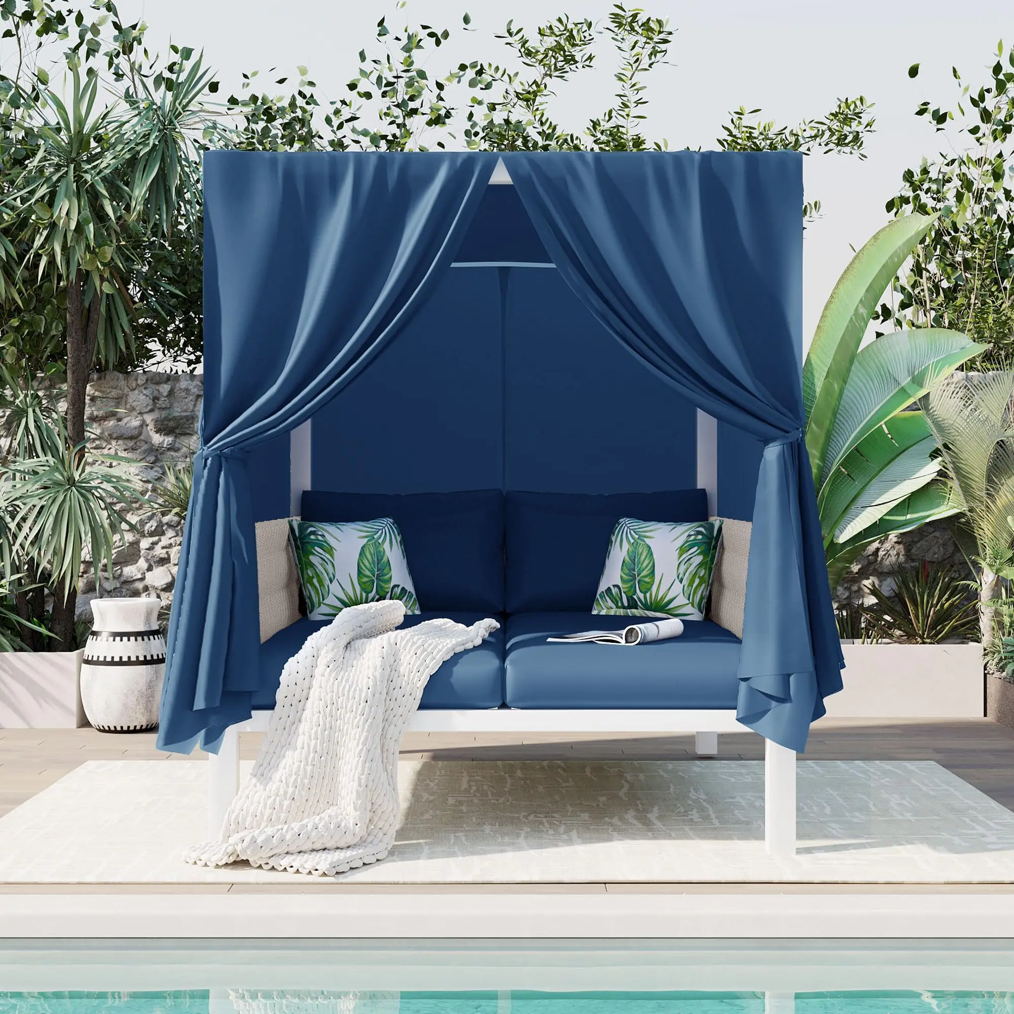 Patio Outdoor Daybed Sunbed, Outdoor Daybed with Canopy & Curtains, Waterproof Cushions for Garden Backyard Porch, Blue