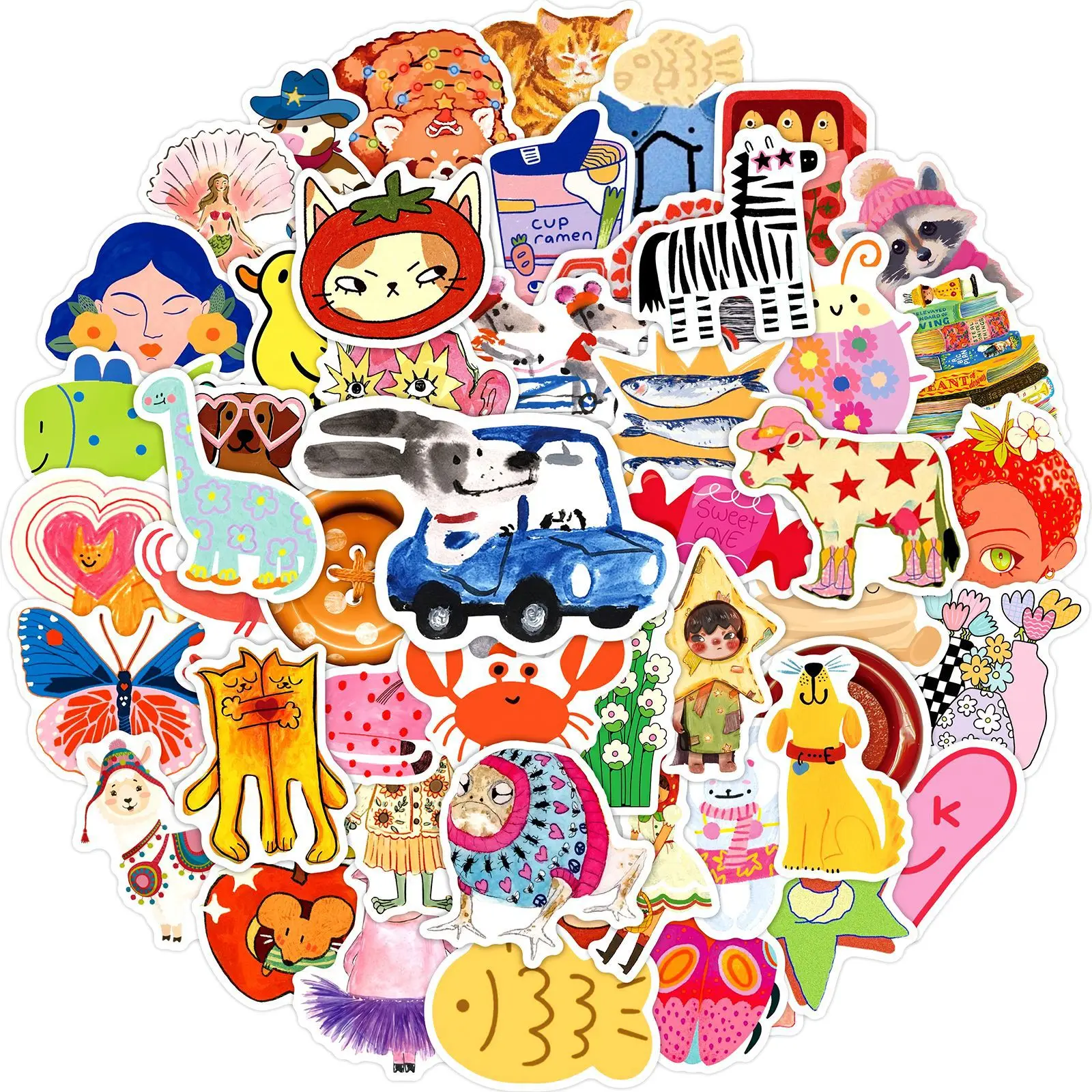 50 Pcs Waterproof PVC Cartoon Decals Hand-Drawn Cute Patch Stickers for Cup Fridge Album Decorations