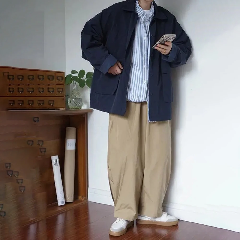 Spring And Autumn Fashion Casual Loose Retro Jacket Unisex Solid Color Lapel Basic Versatile Functional Jacket Coat For Men