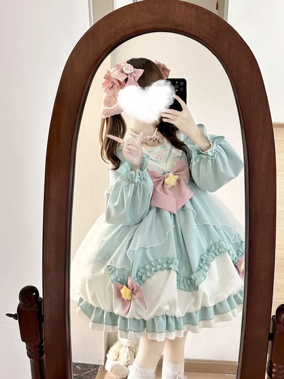 Lolita vestido de vaina de manga larga para niña, cuello azul marino OP, rosa, amarillo, Morado, azul, garra de gato, lazo, estrellas, dulce cumpleaños, diario, Kawaii