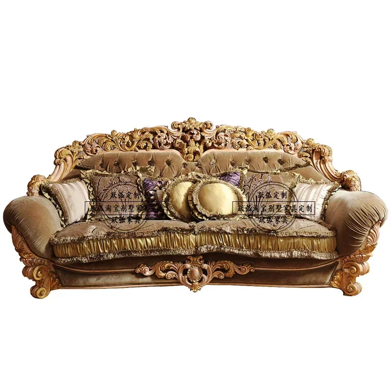 

High-End Custom European Court Flannel Log Luxury Solid Wood Carved Villa Living Room 123 Combination Sofa