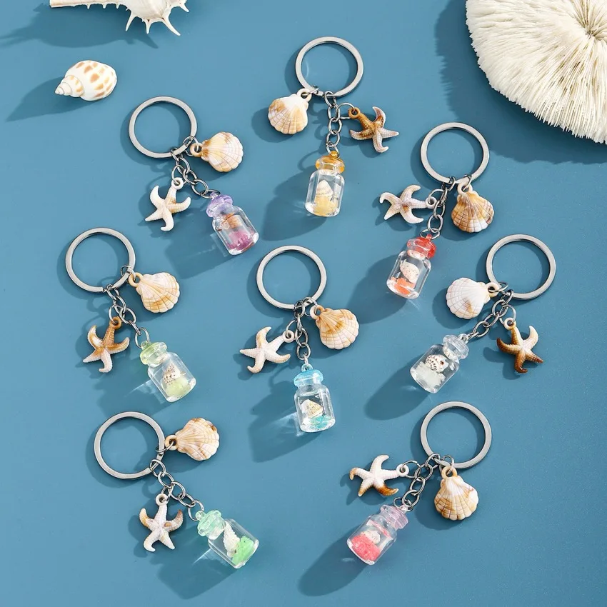 Glow in Dark Drift Bottle Keychain Beach Shell Conch Starfish Wishing Bottle Pendant Ocean Creative Vacation Souvenir Gift