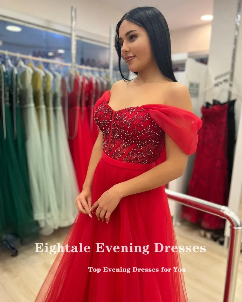 Eightale Red Prom Vestidos Fora do Ombro Frisado Apliques A Linha De Tule Até O Chão Evening Party Gows Custom Made