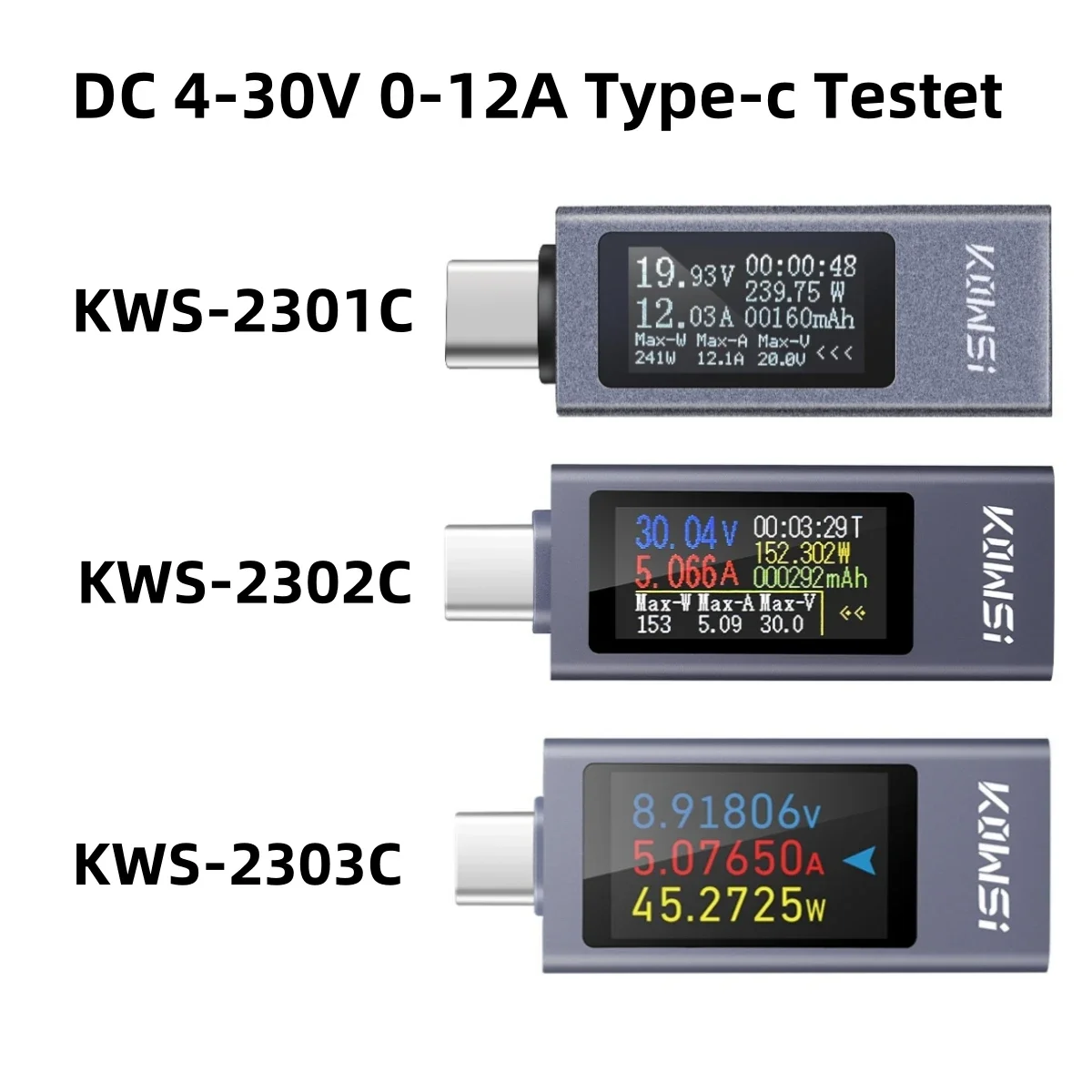 KWS-2303C Type-c Multi-function Digital Display DC Voltage Ammeter Power Meter Cell Phone Charging Tester DC 4-30V KWS-2301C