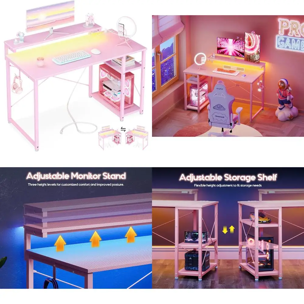 

Gaming Desk 40 Inch with Storage, LED Lights, Power Outlet, and Reversible Shelf for Gamers, Compact Computer Desk with Aestheti