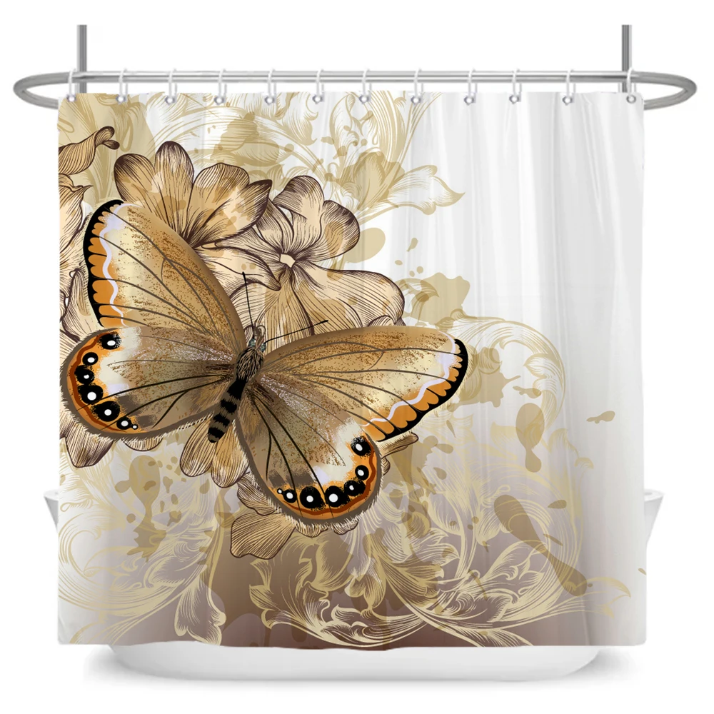 

Butterfly Flowers Shower Curtain 3D Bathroom Curtain Fabric Waterproof Polyester Washable Bath Screen Curtain Set Home Decor