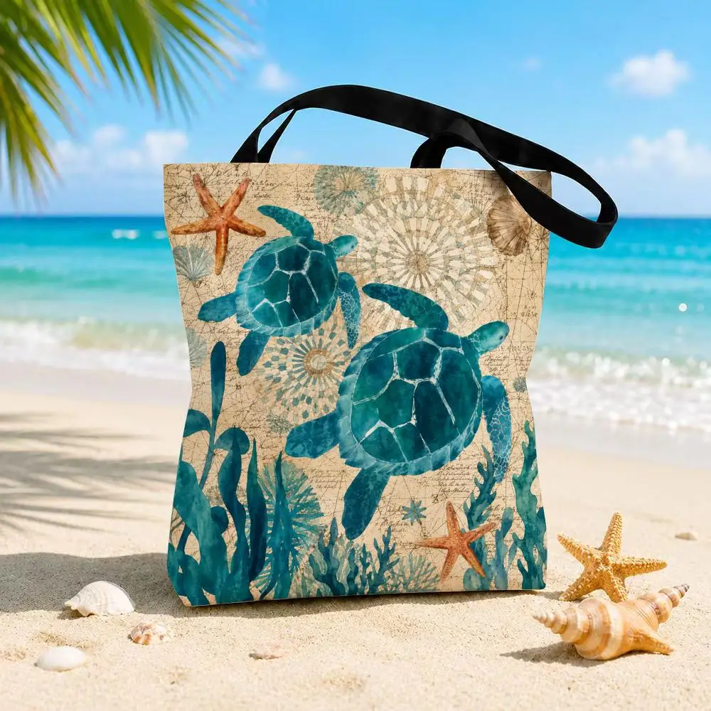 Marine Animals Storage Bags Beach Canvas Shoulder Tote Bag Double-Sided Print Fashion Handbag for Travel Picnic