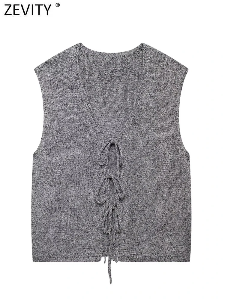 Zevity Women French Leisure V Neck Sleeveless Grey Color Knitting Vest Sweater Female Chic Cardigan Lace Up Casual Tops SW6275