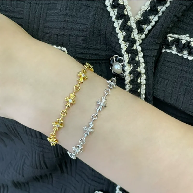 

Croix Retro Cross Bracelet Mixed Color Inlay Hip-Hop Men's and Women's Couple Vintage V-Gold Cross Jewelry