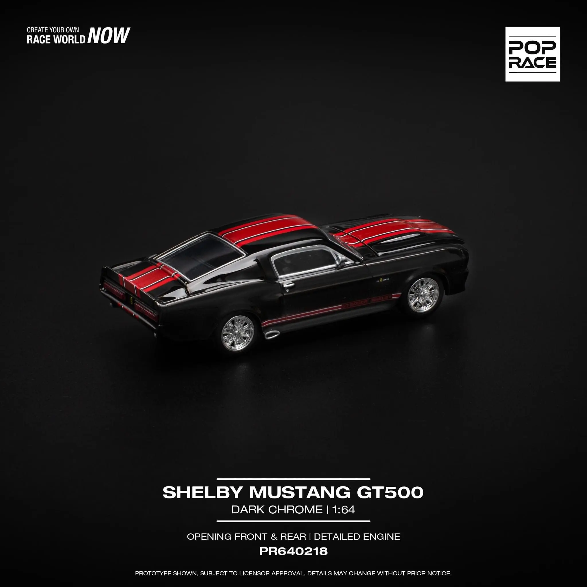 POPRACE 1:64 Shelby GT500 legeringsmodel met rode strepen