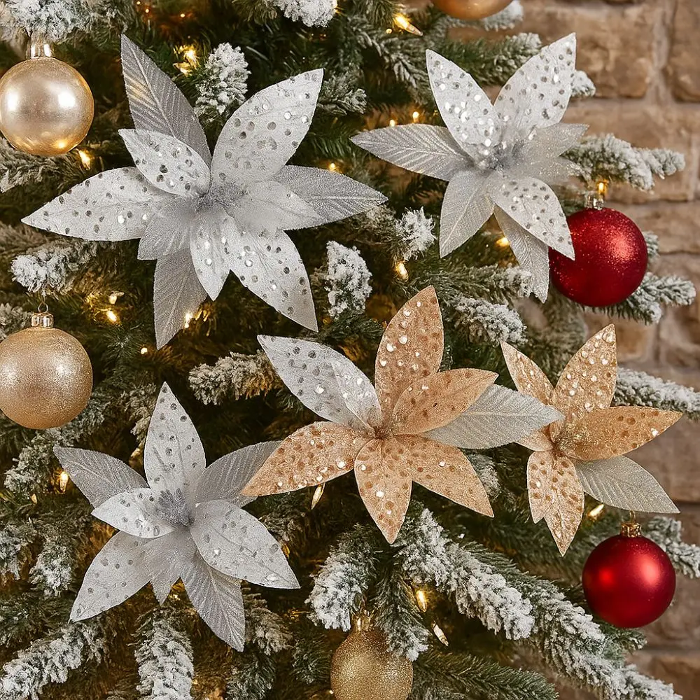 

25cm Christmas Artificial Flowers Realistic Handmade Poinsettia Flower Hanging Decorative Xmas Tree Ornaments For Party Trinket