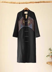 On sales winter coat Black cotton linen jacquard V-neck padded female outerwear Ethnic style embroidery loose Woman clothing