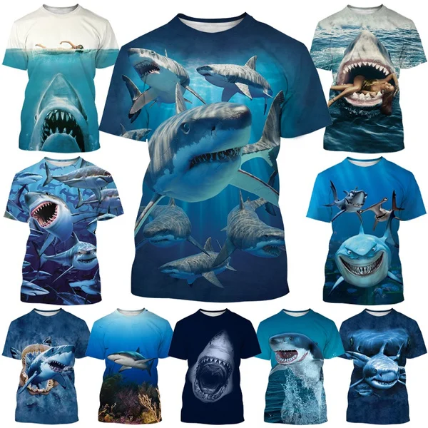 Popular New Animal Popular Great White Shark 3D Printing T-shirt Retro Men\'s Summer Casual Fashion Unisex T-shirt Top