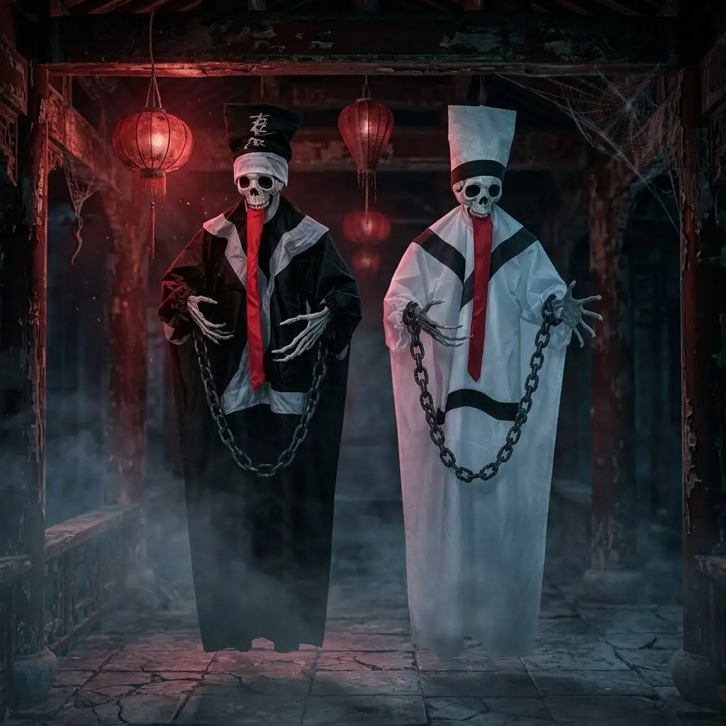 Halloween props, Chinese horror, black and white impermanence, zombies, ghost traps, escape rooms, realistic scene setups