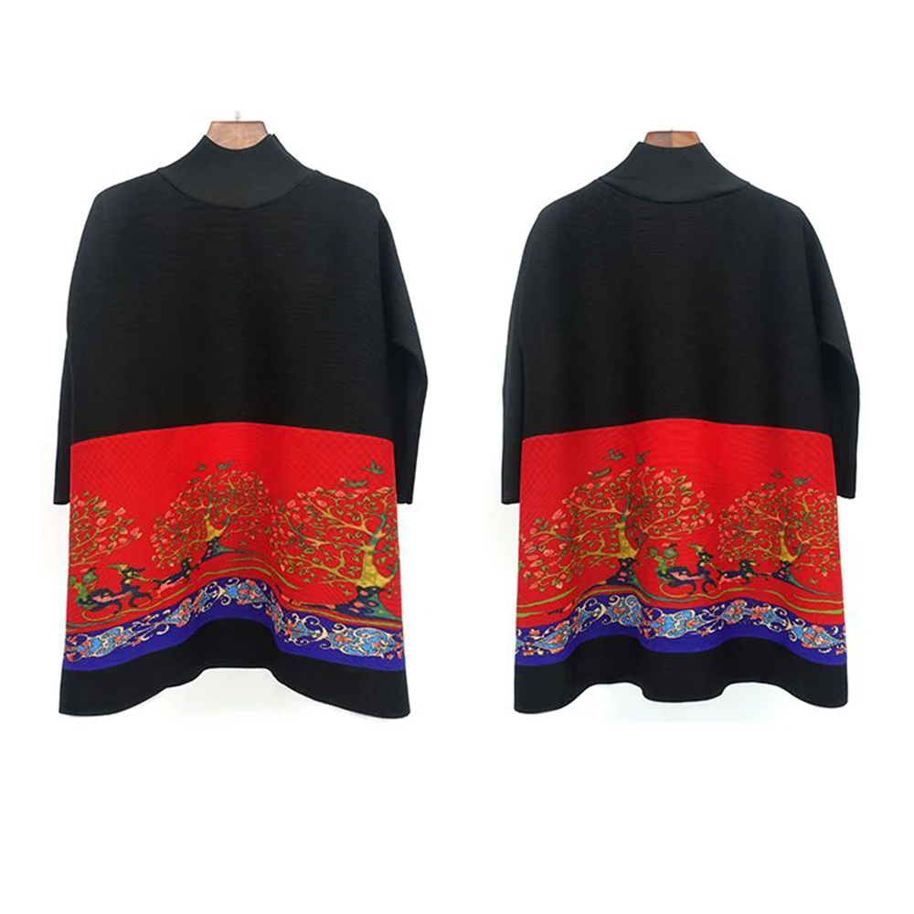 2025年春新作 カラーマッチングプリント 大きめサイズ プリーツTシャツ レディースファッション レトロ ゆったり ミディアム丈トップス