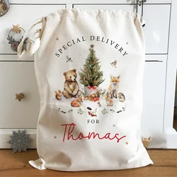 Woodland Animals Santa Sack for Kids, Meia Personalizada, Feliz Natal, Decoração de Natal, Decoração Familiar, Toy Bag for Children