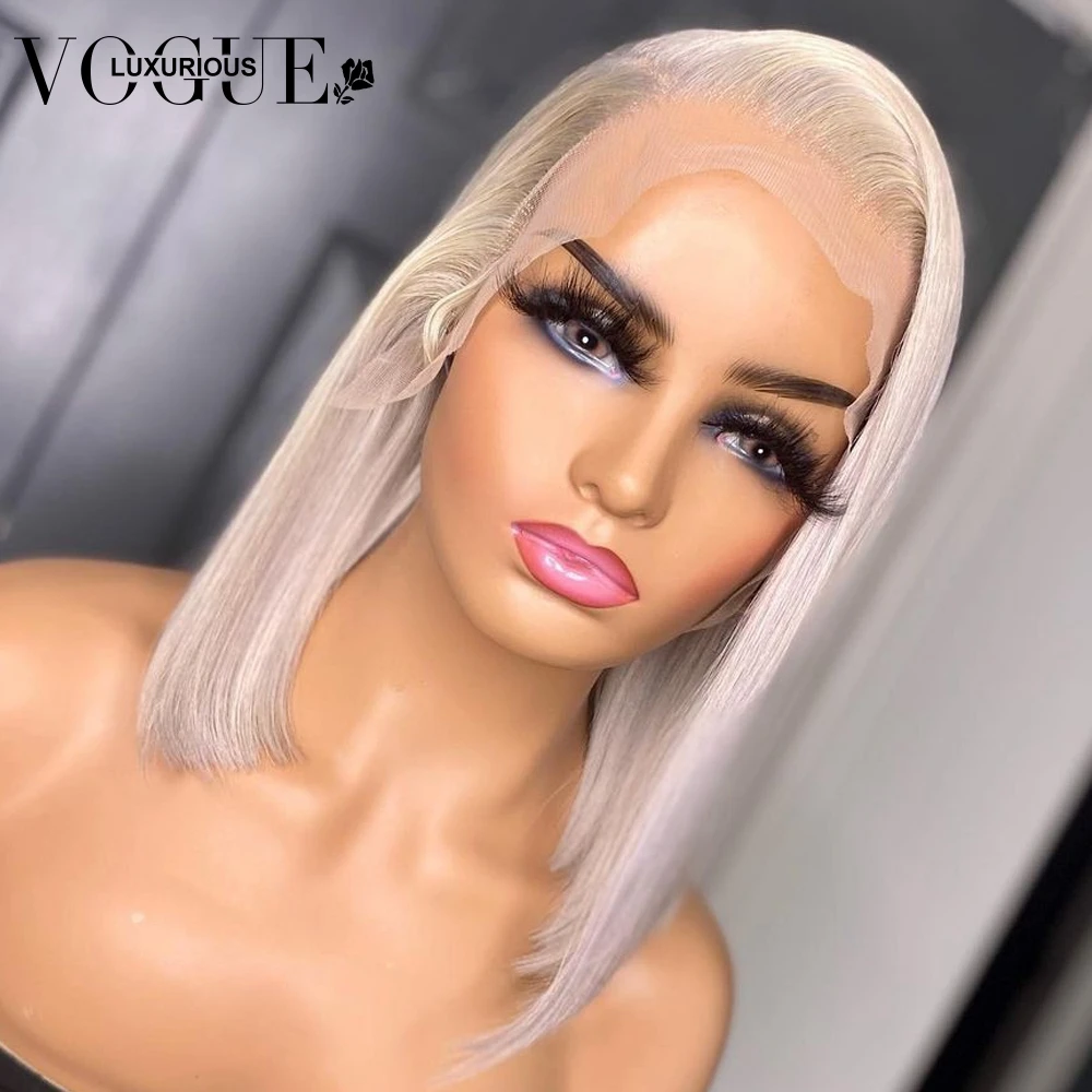 Perruque Bob Lace Front Wig Naturelle Lisse, Cheveux Courts, Couleur Blond Miel Platine, Coupe Pixie, 13 Tages, pour Femme