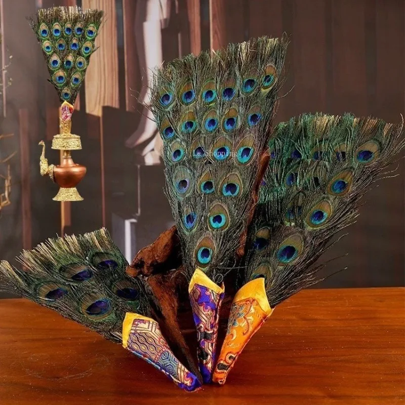 15Eye Tibetan Peacock Feather Fan Natural Hand Woven Home Ornaments Buddhist Offerings Water Bottle Auspicious Grass Feather Fan
