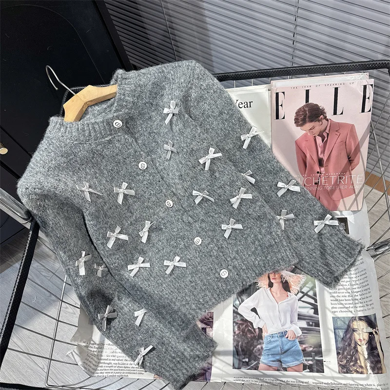 2024 Women Autumn Knitted Bowtie Design Cardigans Sweater Coat Single Button Long Sleeve Women Gray Sweater Tops Style Coat