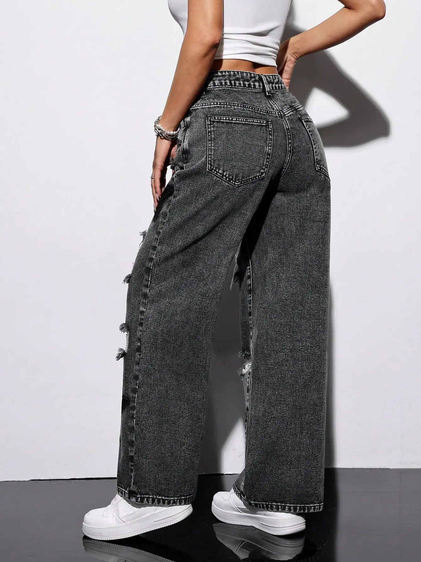 Y2K Women's Acid Wash Ripped Wide Leg Jeans, Star Patch, Vintage Style, Y2K Streetwear