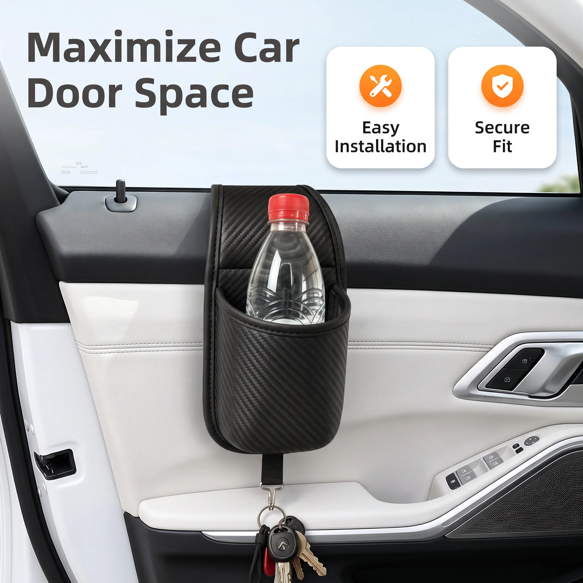 Car door suspension storage bag, carbon fiber textured cup holder with key hook, multifunctional car storage bag for small items