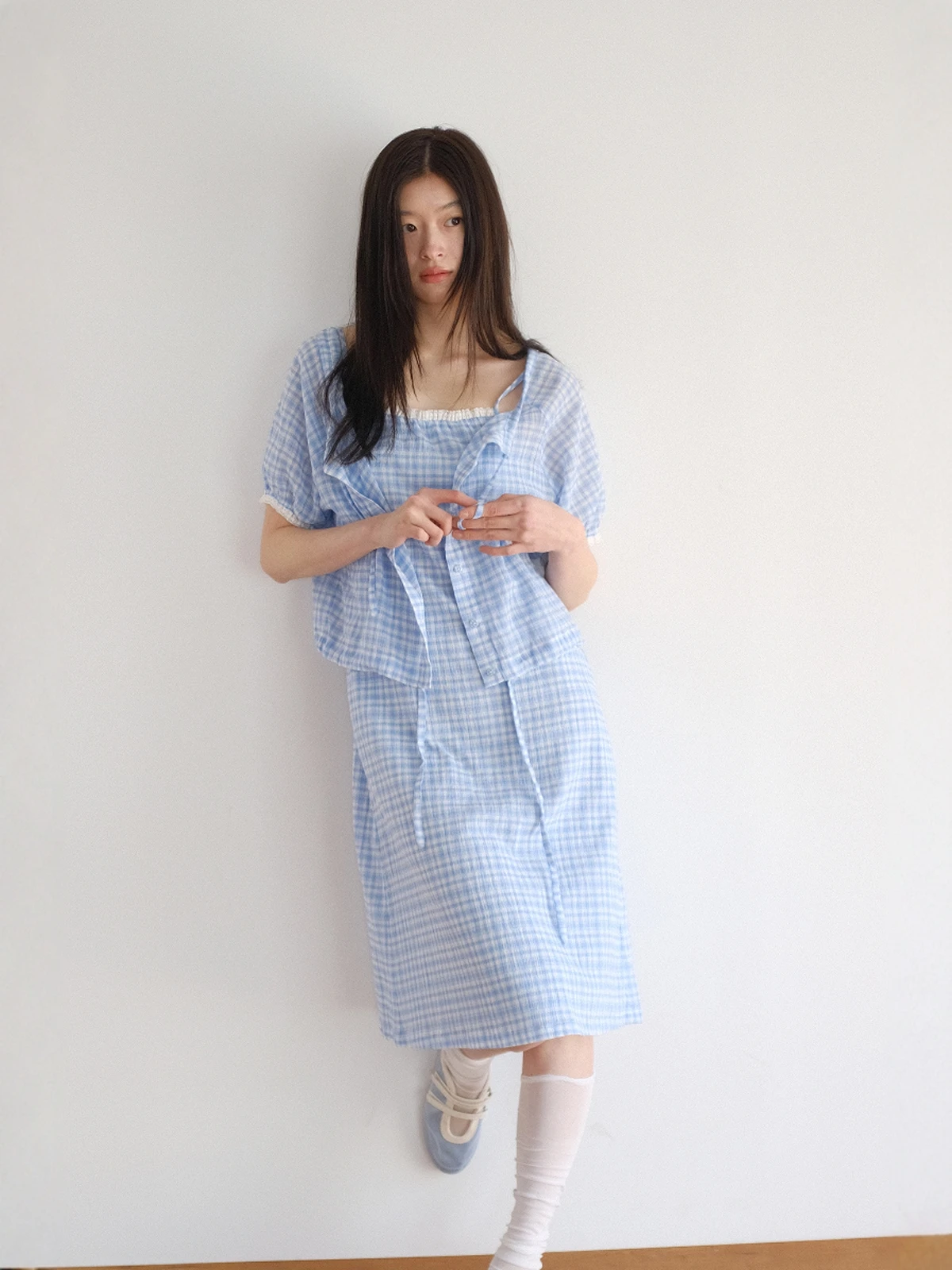 

Deertrip винтажный клетчатый воротник с рюшами и юбка, хлопковый свободный женский летний комплект, кружевные длинные брюки с цветочным принтом, на пуговицах