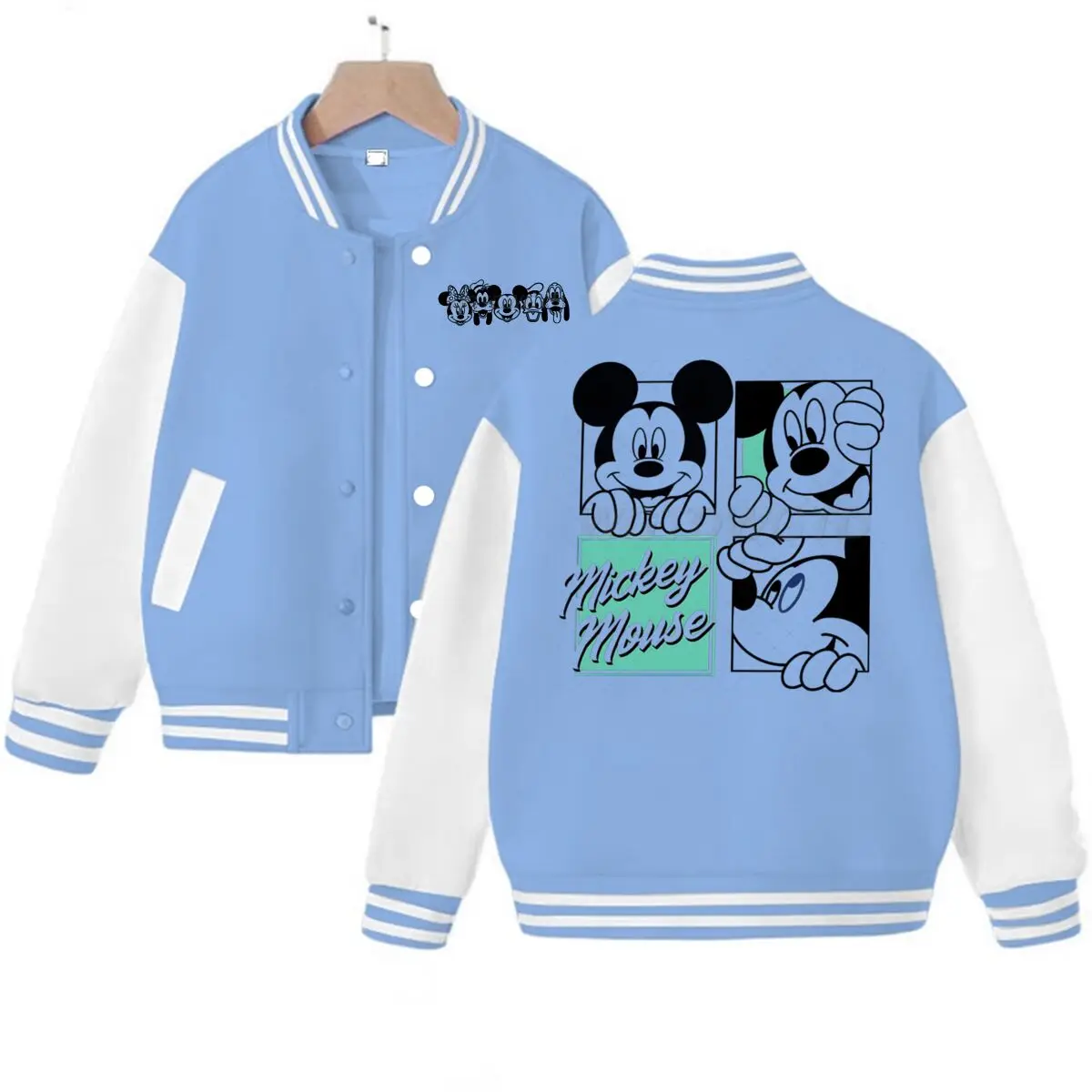 

Fun Mickey Mouse Graphic Baseball Coat Color Block Baseball Jacket for Kids and Adults Cool Mickey Outerwear for Girls Boys