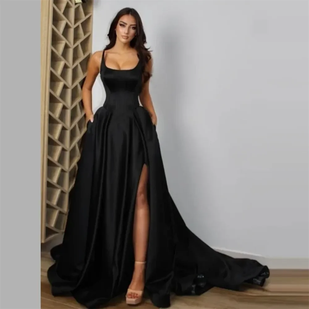 

Elegant square Neck Prom Dresses 2024 Sexy Backless Front Split Simple Satin A-line Prom Party Dress