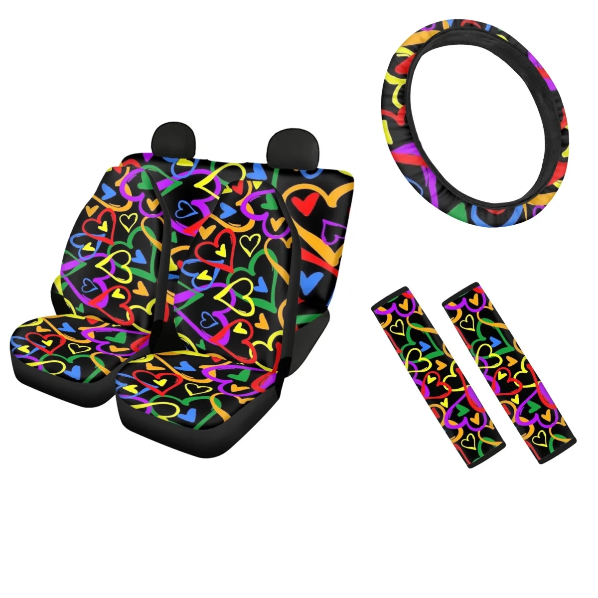 Colorful Heart Design Front Back Car Seat Covers Print Trend Vehicles Steering Wheel Cover and Automotive Seat Belt Sets Covers