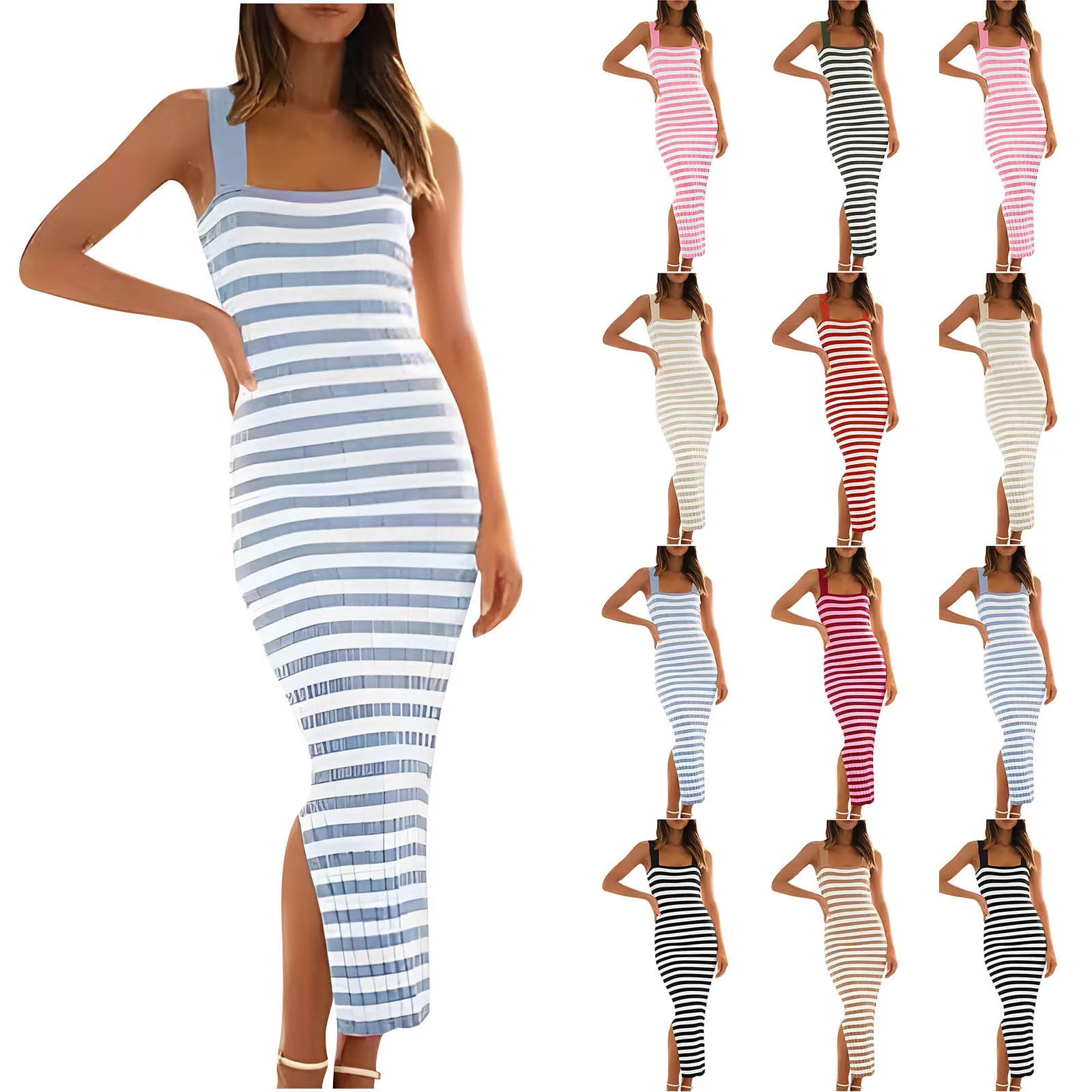 2025 Dress Women Elegant Fashion Beautiful Women's Dresses Party Night Sleeveless Vest Striped High Waist Sexy Hip Long Dresses