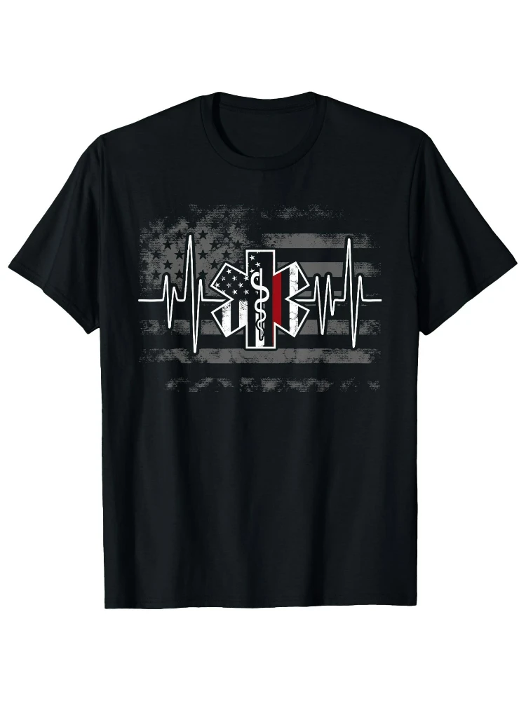 

Firefighter EMS - Emergency Medical Technician Graphic ，with Heartbeat Monitor Lead, 100% cotton O-neck printed T-shirt.