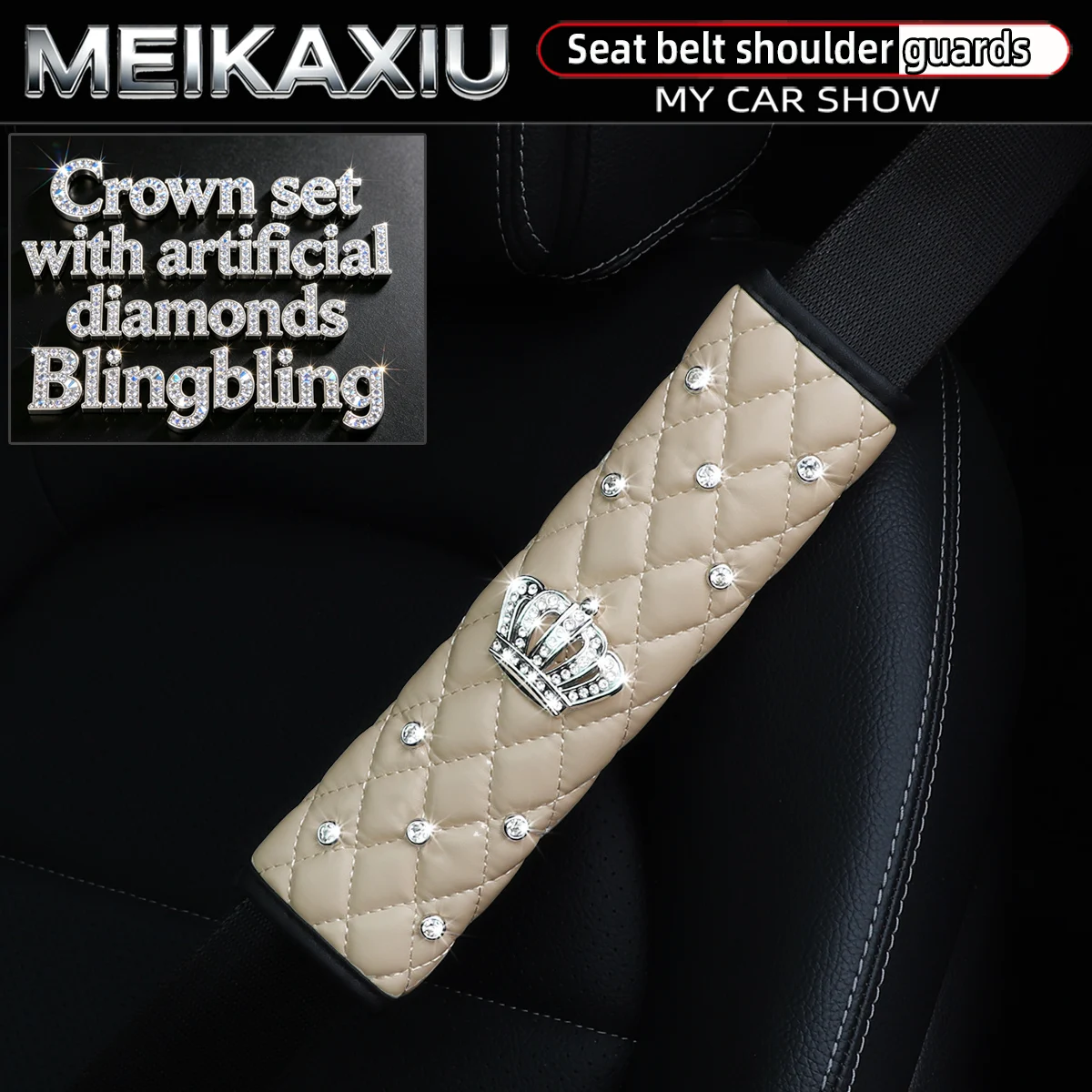 Soft Leather Diamond-Encrusted Crown Car Shoulder Guard 1PC/2PCS Safety Belt Decoration Shiny Accessory for Women's Cars