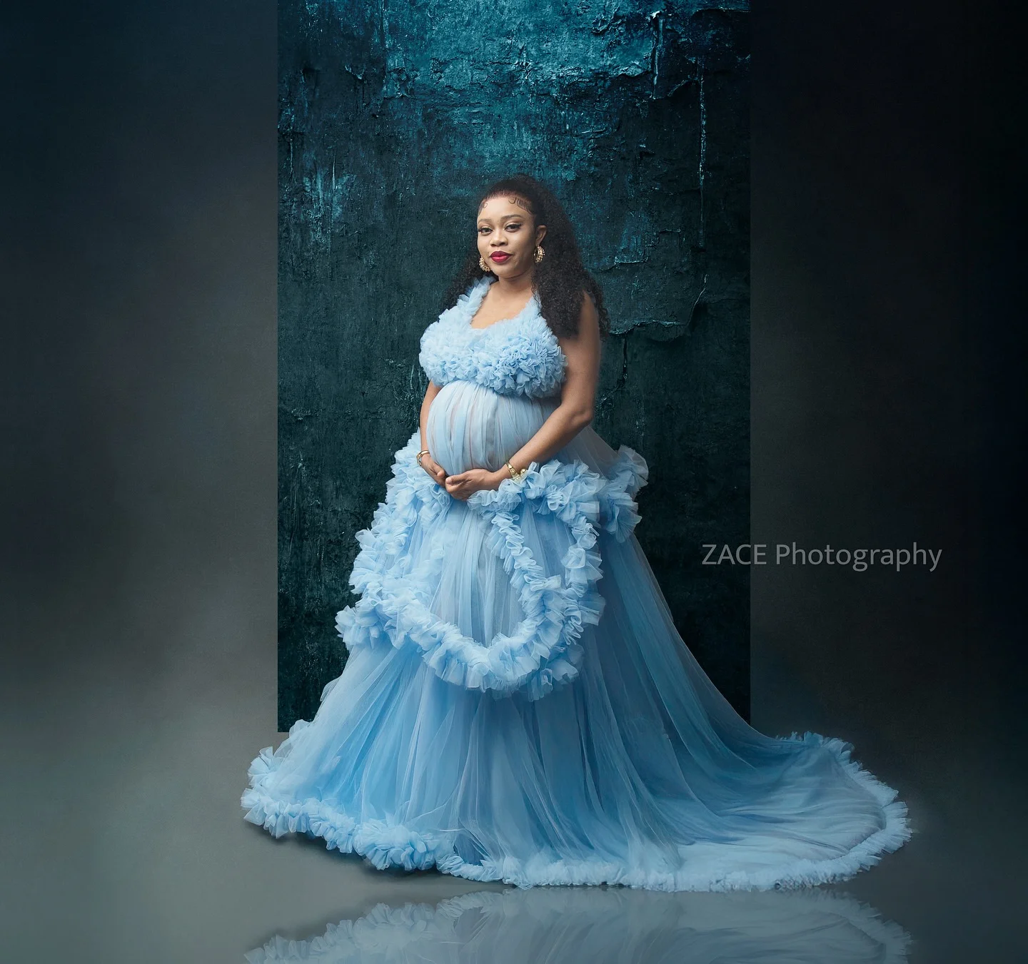 

Sky Blue Women Maternity Dress V Neck Ruffled Prom Party Gown Illusion Slit Pregnancy Babyshower Gown PhotoShoot Customized