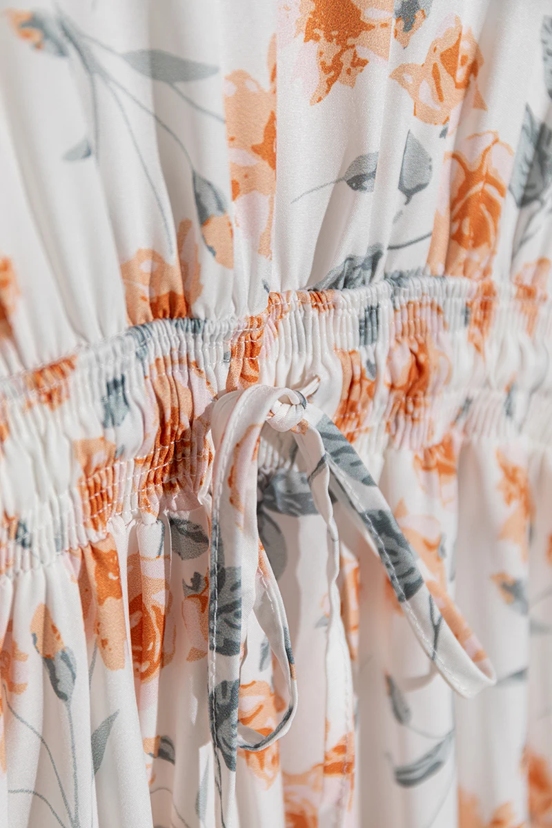 2025 Holiday Bohemian Floral Print Dress Women Summer Short Sleeve V-Neck Drawstring Waist Ruffle Long Dress Boho Beach Vestidos