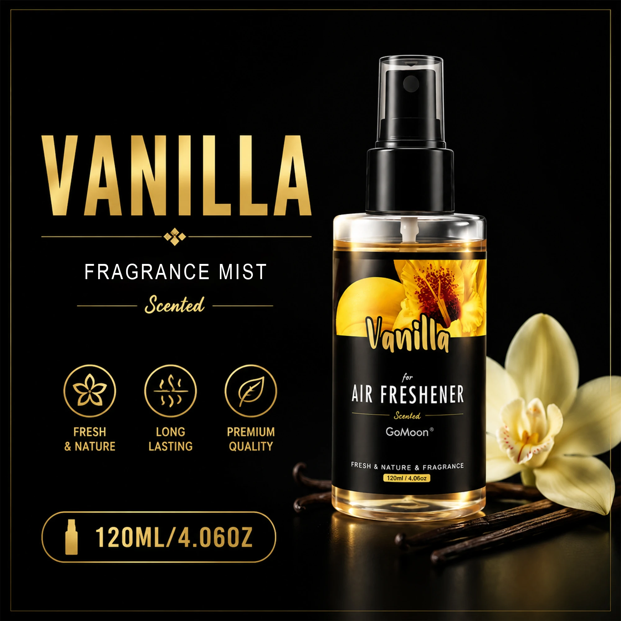 120ml/4.06oz Spray de fragancia para coche de alta gama con aroma natural a vainilla, fragancia duradera, adecuado para el hogar y el coche.