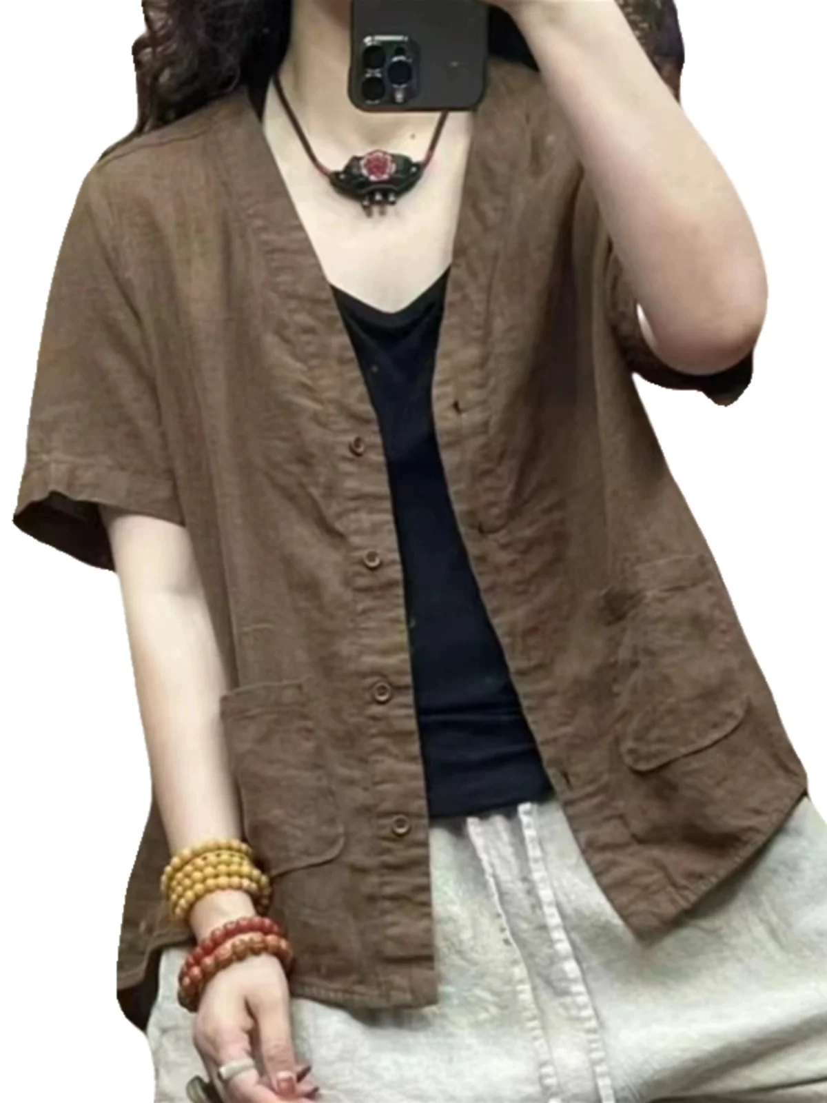 เสื้อคลุมผ้าลินินผ้าฝ้ายทรงหลวมสำหรับผู้หญิง สไตล์วินเทจ ผ้าบางเบา เหมาะสำหรับฤดูร้อน สไตล์เกาหลี รุ่นเล็ก ใส่ทำงานได้