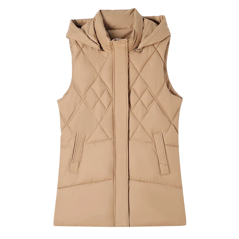

2025 New Down Cotton Vest Women Mid Long Style Large Pocket Diamond Grid Autumn Winter Vest Stand Collar Hooded Camisole Jackets
