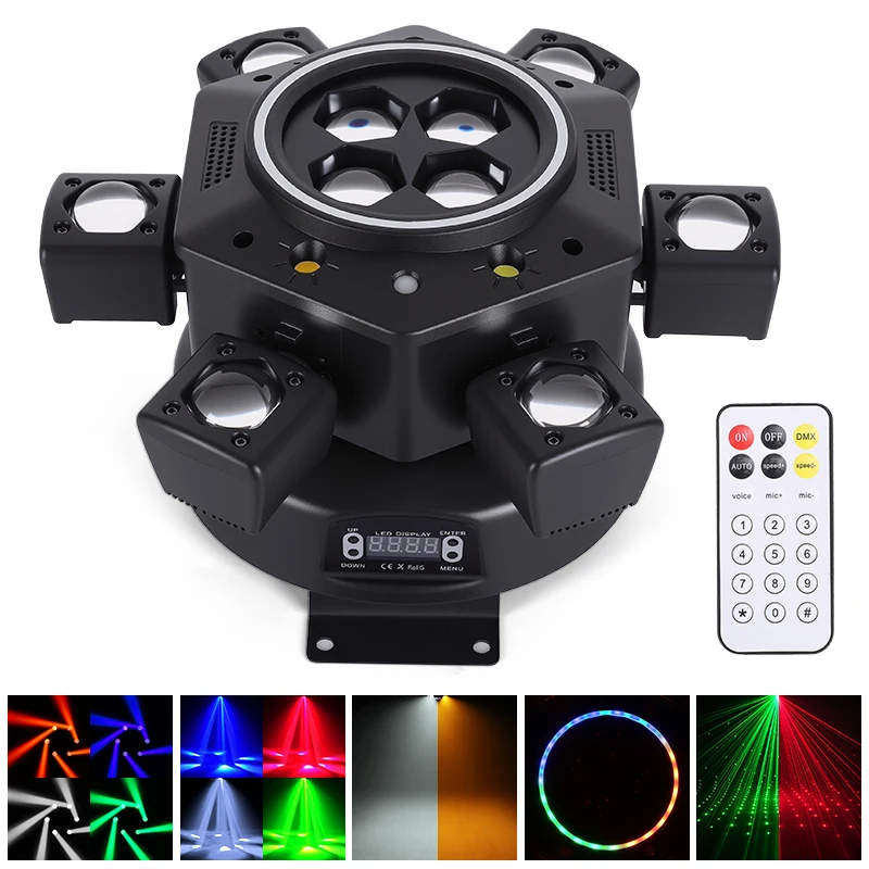 120W Six-Arm Beam Light, Strobe DMX Control Light, RGB Rotating Atmosphere Light for Bars & Nightclubs, Party and Christmas