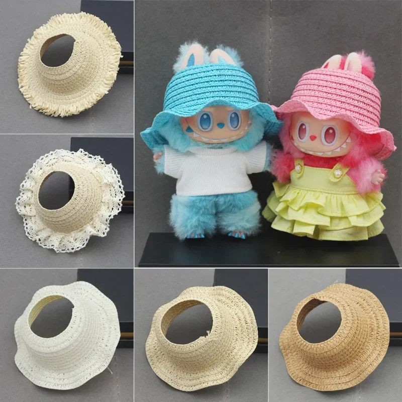 17CM Labubu Clothing Accessories Cute Empty Top Fringed Opening, Woven Straw Hat Lace Fringed Wavy Straw Hat