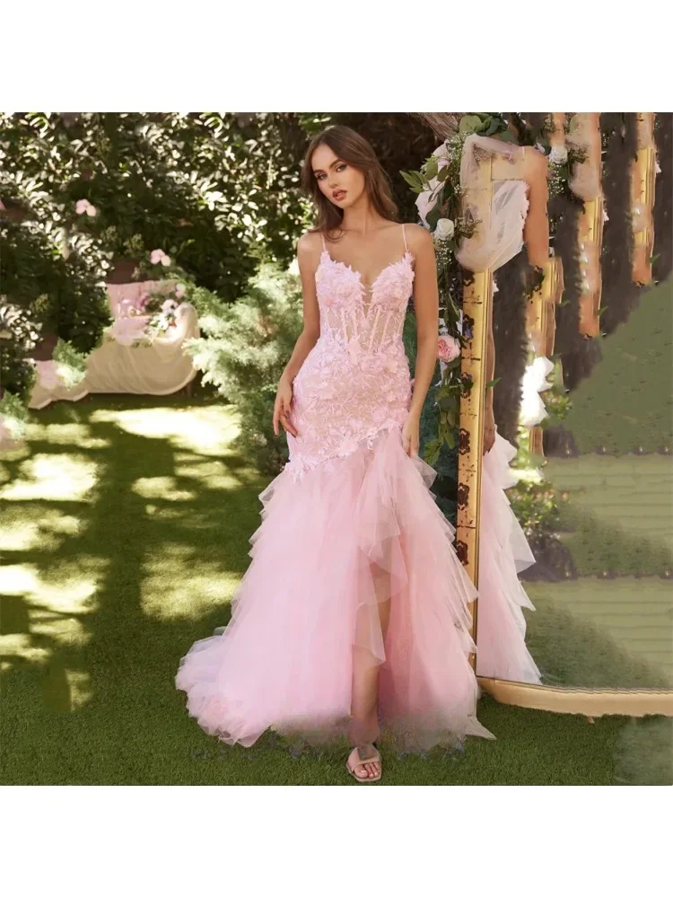 

Baby Pink Lace Embroidery Tulle Prom Dress Spaghetti Strap Mermaid Formal Party Gown Elegant Sleeveless Cocktail Dresses